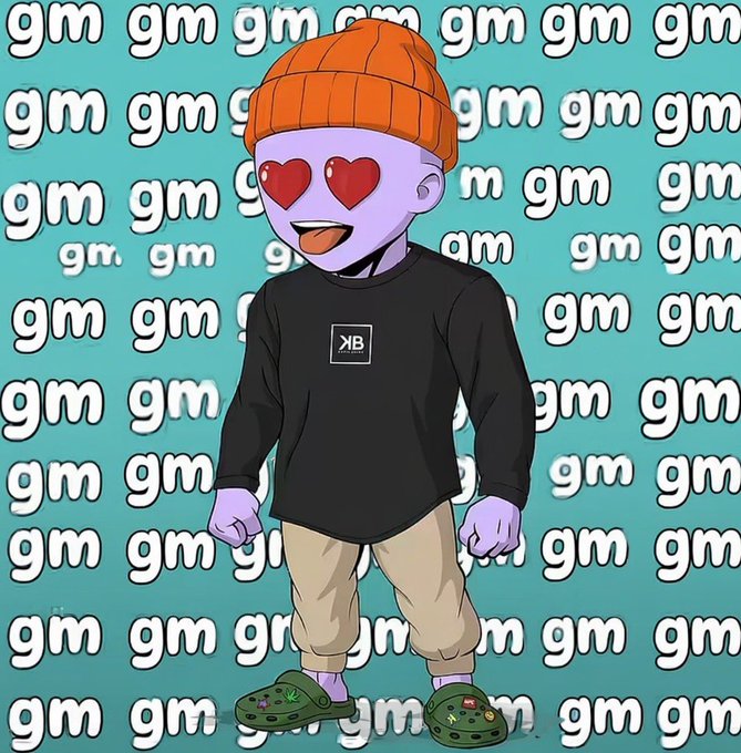 A cartoon-style purple character with heart eyes, wearing an orange beanie, black sweatshirt, and green Crocs stands against a teal background covered in repeating "gm" (good morning) text, visually matching the post's "Good Morning" greeting and NFT community theme.
