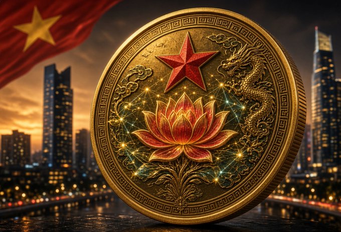 A decorative gold coin featuring a red star and lotus flower design with a Chinese dragon, set against a backdrop of a city skyline at sunset with the Chinese flag on the left.