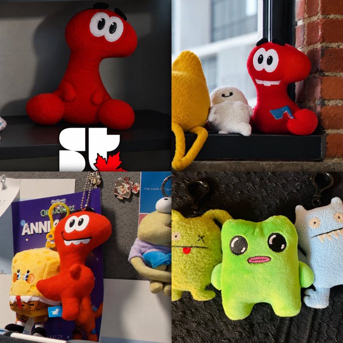 A collage displays four images of plush toys, prominently featuring a red dinosaur-like character, alongside a yellow banana plush, a yellow square character (SpongeBob-style), a green square character with large eyes, and a light blue character, with a "SU" logo visible.