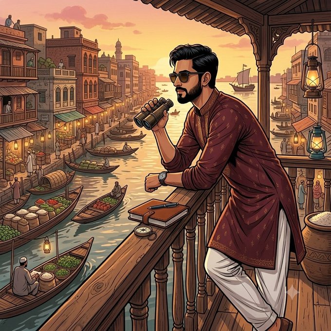 A man in traditional attire gazes through binoculars over a bustling riverside market at sunset, with a leather journal, compass, and pen on the wooden railing—evoking a watchful observer surveying the scene, mirroring the vigilant, research-driven mindset of monitoring crypto markets.