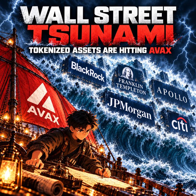 Anime-style dramatic poster reading 'WALL STREET TSUNAMI - TOKENIZED ASSETS ARE HITTING AVAX' showing an anime character navigating stormy waters with a red AVAX sail while financial giants like BlackRock, Franklin Templeton, JPMorgan, Apollo, and Citi appear as crashing waves.
