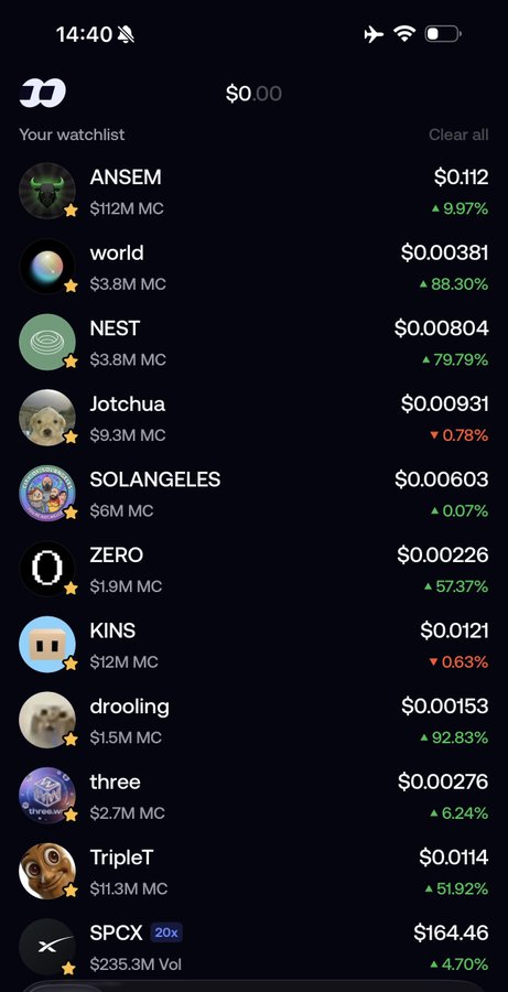 A screenshot of a cryptocurrency watchlist app displays various Solana meme tokens (ANSEM, world, NEST, Jotchua, SOLANGELES, ZERO, KINS, drooling, three, TripleT, SPCX) with their prices, market caps, and percentage changes, illustrating the overwhelming abundance of trading opportunities mentioned in the post about being unable to manage them all.