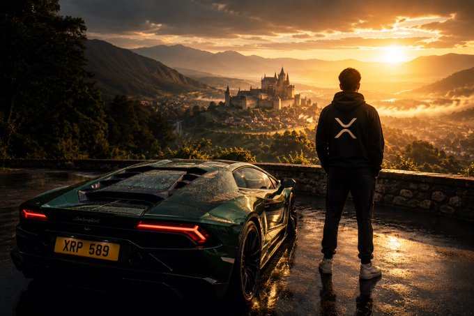 A cinematic image of a person wearing an XRP-logo hoodie standing next to a dark green Lamborghini (license plate XRP 589) overlooking a medieval castle and valley at sunset, with mist in the mountains.