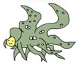 An illustration of a cartoonish green creature with multiple tentacle-like limbs, each featuring eyes, and a smiling yellow face.