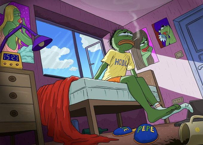 The image features a cartoon character, likely a frog or a green monster, sitting on top of an unmade bed with clothes scattered around him. The room appears messy, with various items such as a clock, a cup, and a vase visible in the scene. The caption "Gm NFT Let' s do better today!!" suggests that there might be some sort of gaming or virtual reality activity related to the image.

The character is wearing a yellow shirt and has a cigarette in his mouth, giving him a somewhat sad appearance. This could indicate that he's feeling down or upset about something. The overall atmosphere of the scene seems to be one of contemplation or introspection as the character sits alone on the messy bed.