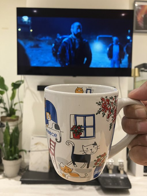 A hand holds a white ceramic mug decorated with colorful illustrations of cats, flowers, and a window, with a TV playing a dark scene in the background.
