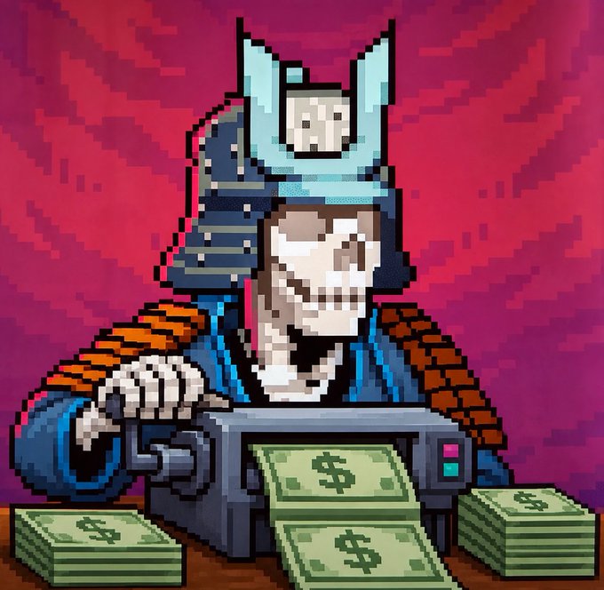 A pixel art style illustration of a figure wearing a traditional samurai helmet and shoulder armor, operating a money printing press that produces stacks of dollar bills.