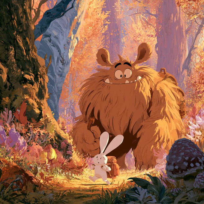 A colorful digital illustration of a large, smiling brown furry monster holding a suitcase while standing in an autumn forest with a small white bunny beside it.