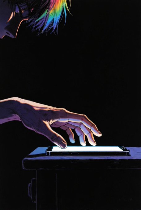 Anime-style illustration showing a hand reaching toward a glowing smartphone screen with a dark-haired character in the upper left.