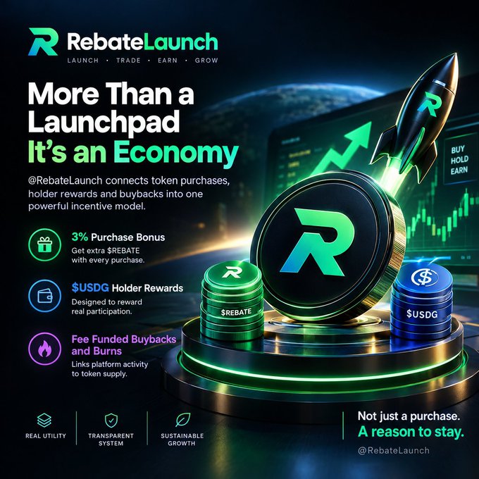 A promotional graphic for 'RebateLaunch' with the tagline 'More Than a Launchpad, It's an Economy,' highlighting features like 3% purchase bonus, $USDG holder rewards, and fee-funded buybacks, featuring 3D renderings of coins and a rocket.