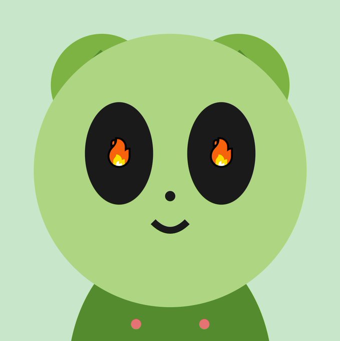 The image features a cartoon panda with big, round eyes that appear to be glowing orange. The panda has a green body and a pink nose, giving it a unique appearance. It's wearing a green shirt, which contrasts nicely with its orange eyes. The background of the image is white, making the panda stand out even more. There are no other objects or texts in the image, so the focus is solely on the panda and its striking features.
