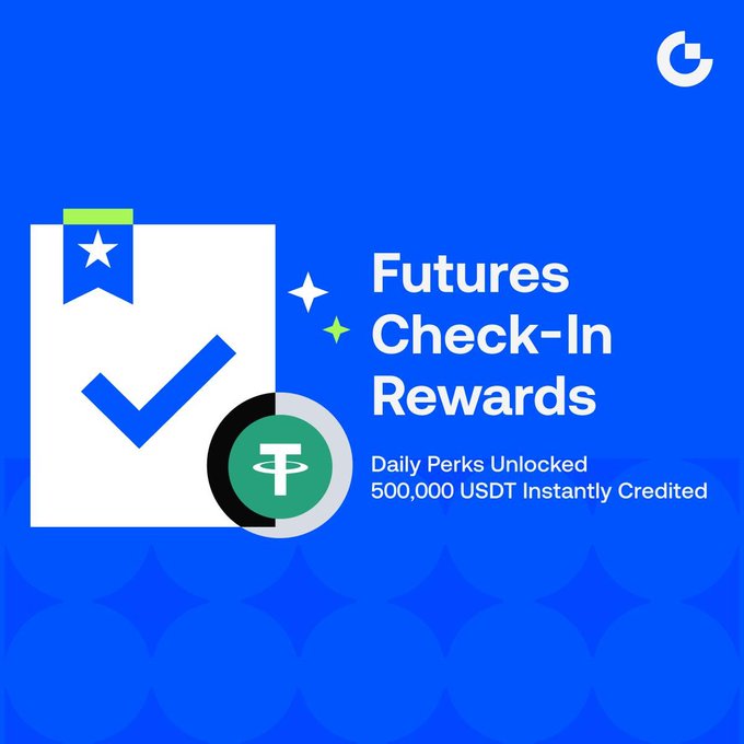 A promotional graphic on a blue background features a white checklist icon with a green bookmark and a USDT (Tether) coin symbol, alongside the "Futures Check-In Rewards" headline and text highlighting "Daily Perks Unlocked, 500,000 USDT Instantly Credited," illustrating the crypto rewards program mentioned in the post.