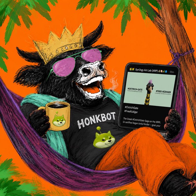 The image features a cartoon cow wearing sunglasses, holding a cup of coffee, and sitting in a hammock with a book or tablet resting next to him. The caption for the image reads "GM Fam Happy Weekend Taking it easy and doing some light reading @FarmerUnionXRPL @HonkHbar".