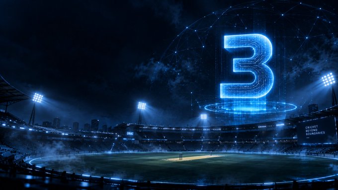 A futuristic cricket stadium at night with a large glowing blue holographic number "3" floating above the pitch, with signage reading "CRICKET SECOND BOUNDARIES" on the right.
