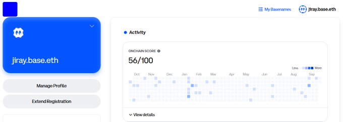 A webpage profile for 'jiray.base.eth' displays an 'Activity' section with an 'ONCHAIN SCORE' of '56/100' and a heatmap graph showing data points across months.
