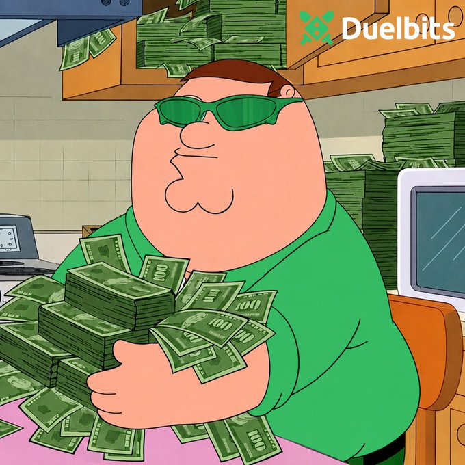 A cartoon-style illustration of Peter Griffin from Family Guy wearing green sunglasses and a green shirt, surrounded by stacks of hundred-dollar bills, with a 'Duelbits' logo in the corner.