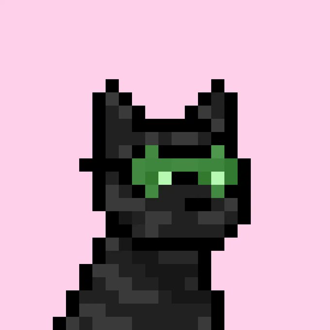 A pixel art depiction of a dark cat-like figure wearing green pixelated glasses against a solid pink background.
