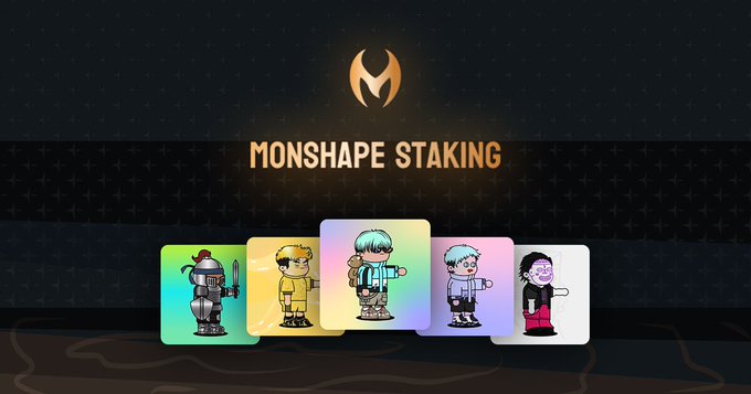 The image promotes "MONSHAPE STAKING" with a stylized M logo above five colorful character cards featuring various Monshape figures (a knight, a tiger-suited character, a blue-haired figure, a skeleton, and a vampiress). The graphic visually represents the staking portal announcement, inviting users to stake their Monshape NFTs to earn points and unlock future Legends rewards at stake.monshape.club.