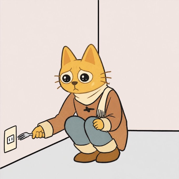A sad cartoon cat in a sweater and scarf crouches against a wall, weakly attempting to plug a fork into an electrical outlet—evoking the helpless feeling of realizing too late that a missed referral opportunity could have been much more lucrative than expected.