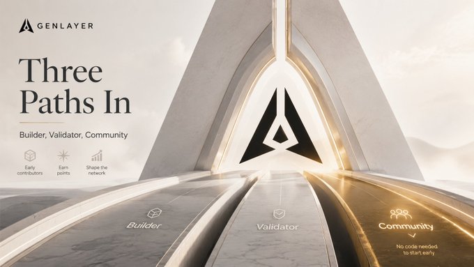 Promotional banner for 'GENLAYER' titled 'Three Paths In' highlighting roles for Builder, Validator, and Community with three glowing pathways.