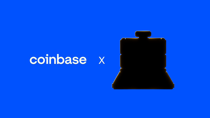 A blue graphic displays the "coinbase" logo next to an "x" and a black silhouette of a chess piece.