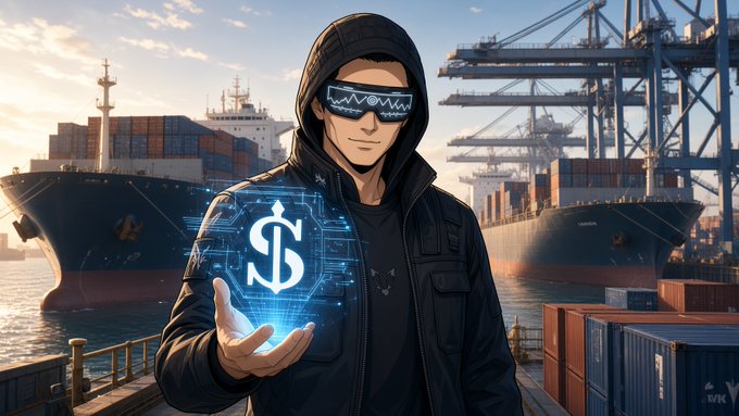 An anime-style illustration depicts a hooded figure wearing a digital visor, holding a glowing blue dollar sign hologram at a shipping port with container ships in the background.