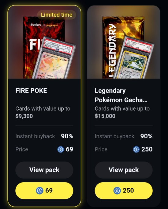 A screenshot of a digital card pack store showing two options: 'FIRE POKE' priced at 69 coins and 'Legendary Pokémon Gacha' priced at 250 coins, both with 90% instant buyback.