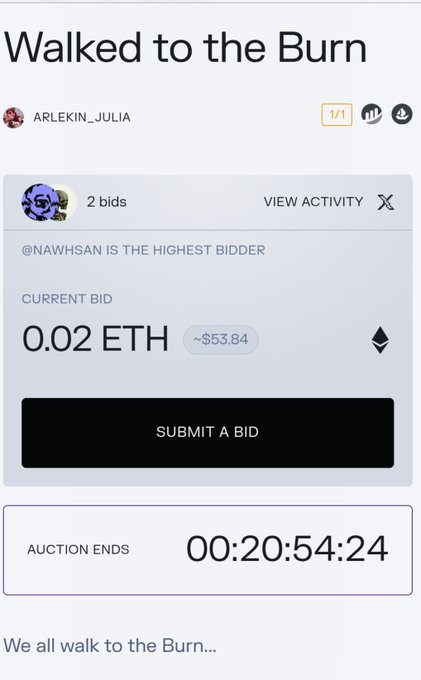 A screenshot of an NFT auction page titled 'Walked to the Burn' by user ARLEKIN_JULIA, showing a current bid of 0.02 ETH (~$53.84) and an auction ending in 00:20:54:24.