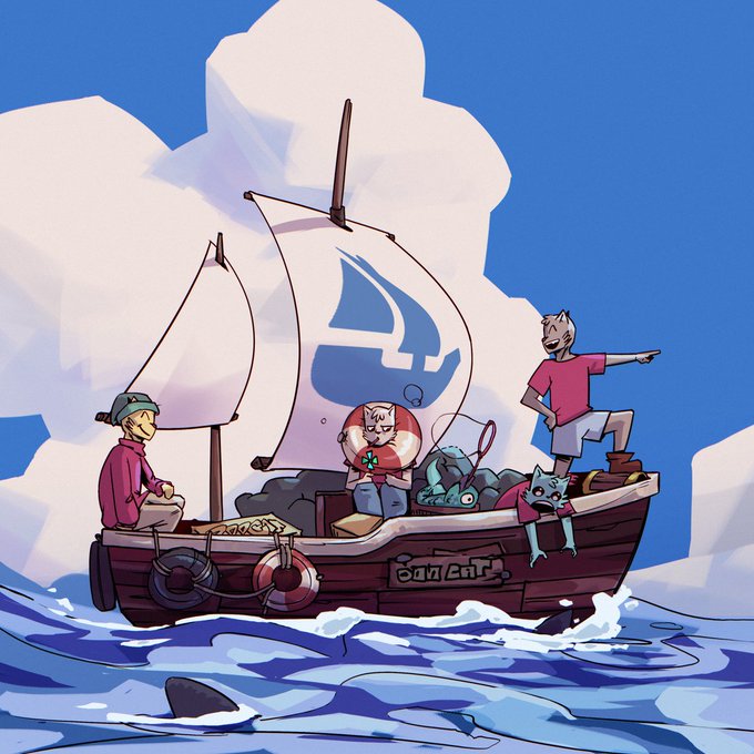 An illustration of three characters and a cat on a wooden sailboat named 'Cat Butt' with a white sail bearing a blue symbol.