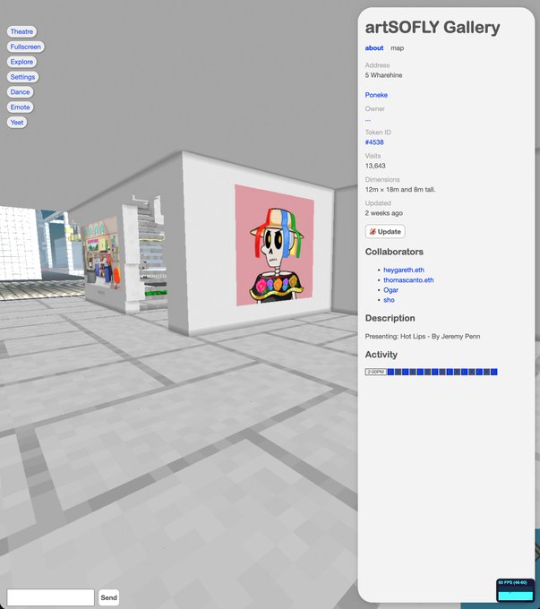 Screenshot of a virtual art gallery called 'artSOFLY Gallery' in a 3D environment displaying a colorful Jeremy Penn piece titled 'Presenting: Hot Lips' with collaborator details and token ID #4538.