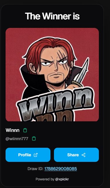 A 'The Winner is' announcement screen from xpickr showing an anime character with red hair and a scar, with the winner handle 'Winnn' (@wiinnn777) displayed.