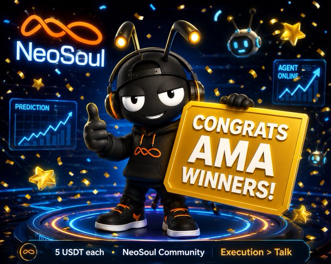 A promotional graphic for 'NeoSoul' featuring a cartoon character with antennae holding a sign that says 'CONGRATS AMA WINNERS!', with text at the bottom reading '5 USDT each • NeoSoul Community • Execution > Talk'.