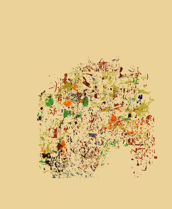 The image features a large, abstract painting with various colors and shapes scattered across its surface. The artwork appears to be a collage of different elements, creating an interesting visual effect. The painting is set against a light beige background, which contrasts with the vibrant colors used in the piece. The post that accompanies this image reads: "headset 22 tezos on secondary @objktcom objkt.com/tokens/KT1NbSM ...". This suggests that the artist may have been inspired by the concept of a headset or earpiece, possibly incorporating it into their artwork to create an intriguing and thought-provoking piece.