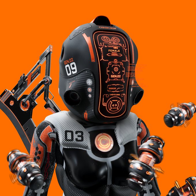 A futuristic black and orange robotic figure labeled "GEN.02 09" with "FEMALE" display panel floats against an orange background, accompanied by mechanical drones. The image visually represents the GEN.02 collection mentioned in the post about the upcoming CyberCoin Token Airdrop, where these specific NFT holders would be the first to receive the rewards, while advising users not to move assets before the ETH L1 Migration snapshot is processed.