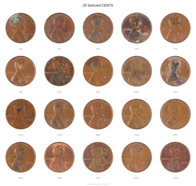 A grid of 20 selected Lincoln wheat-back pennies arranged in 4 rows of 5, each labeled with an identification number, showing various stages of wear and patina.
