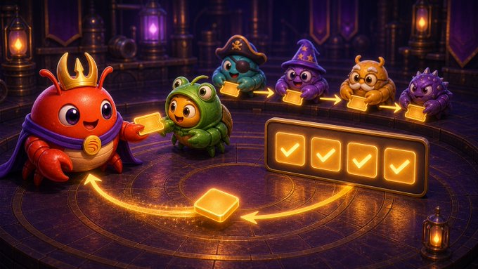 A cartoon illustration featuring various mascot characters including a red king crab, green frog/turtle, and other creatures exchanging gold coins, with glowing checkmarks displayed below.