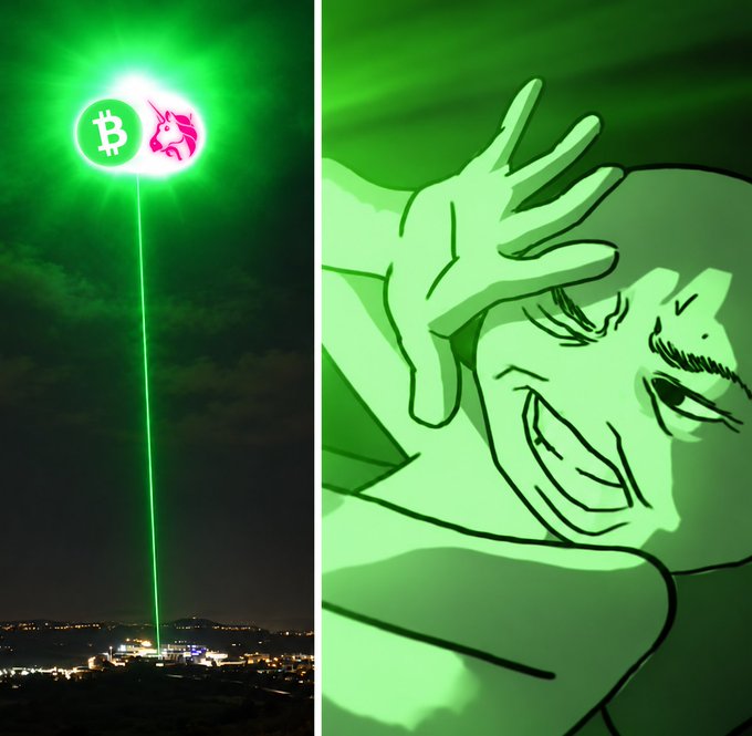 A split image showing a green laser projecting a Bitcoin symbol and a dragon logo into the night sky on the left, and an anime-style laughing green hand meme on the right.
