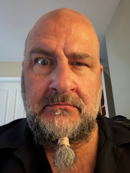 A close-up selfie of an older bald man with a gray beard tied at the bottom with a rubber band, looking directly at the camera with a slight squint.