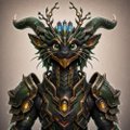 A digital rendering of a fearsome armored figure with large, twisted horns and glowing blue eyes against a gray background.