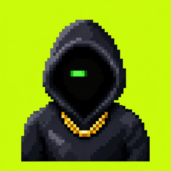 Pixel art of a hooded figure wearing a gold chain, with a green rectangular glow on a black face, set against a bright lime green background.