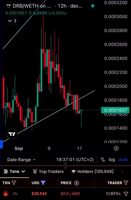 A TradingView 12-hour candlestick chart of the DRB/WETH pair on a DEX shows a price of 0.0001657 WETH (+0.55%), with a recent large red dump near 0.00014 from a peak around 0.00033, followed by recovery candles absorbing sell pressure; this visually backs the post's claim of chads "slurping" a $20,542 (2h volume) sell-off, supported by 130,668 holders and trader wallet 92BFD4.