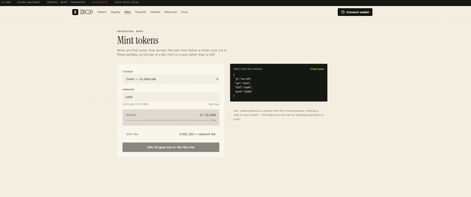 A screenshot of the ZKC token mint page showing "Mint tokens" with details for minting an NFT, including "CASH = 25 ZKC left," "PAYOUT 1000," and a "Mint fee" of 0.001 ZKC + network fee.