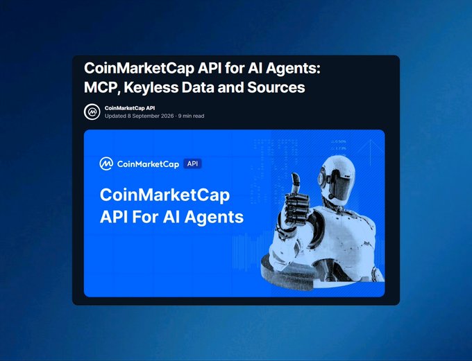A blog post header titled "CoinMarketCap API for AI Agents: MCP, Keyless Data and Sources" by CoinMarketCap API, updated 8 September 2026, featuring an image of a white robot giving a thumbs-up against a blue background.