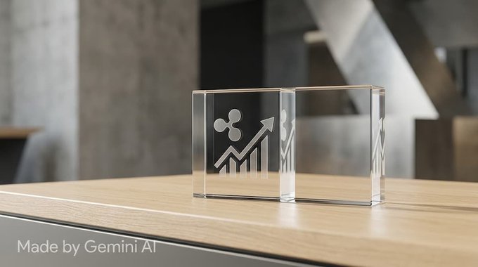Two crystal-like cubic trophies etched with a rising chart graphic and the XRP/Ripple logo sit on a wooden desk in a modern office setting, with text 'Made by Gemini AI' in the corner.