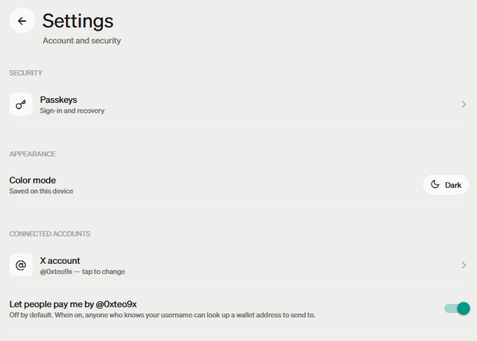 A screenshot of settings for the account @0xtoe0x on what appears to be PayBox, showing options for Passkeys, Dark color mode, and a toggle enabled for "Let people pay me by @0xtoe0x," demonstrating how users can connect their X account to receive SOL payments.