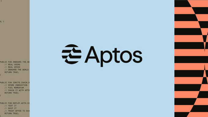 The image displays the Aptos logo on a light blue background, featuring the company's circular emblem and name in bold black text, with orange and black striped elements on the right side and lines of code visible on the left.

This visual branding relates to the post about Aptos's new confidential token feature, which introduces encrypted balances and amounts at the protocol level while keeping addresses visible for compliance purposes.