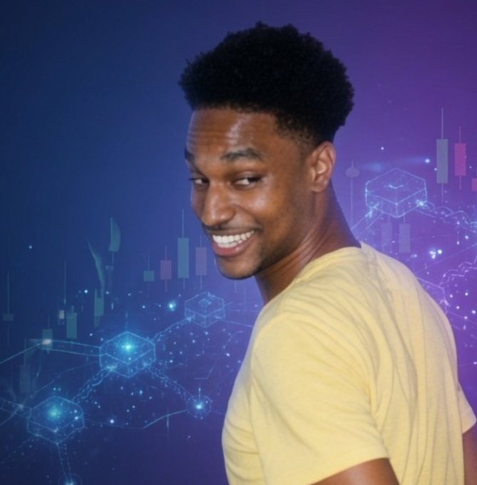 A smiling young Black man in a yellow t-shirt posed against a blue and purple background featuring cryptocurrency trading charts and blockchain cube graphics.