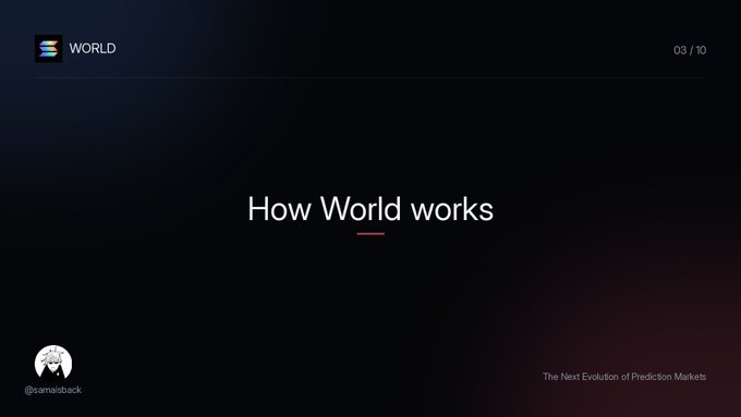A presentation slide displays the text 'How World works' and shows '03 / 10' in the top right corner, along with the 'WORLD' logo and '@tamaisback'.