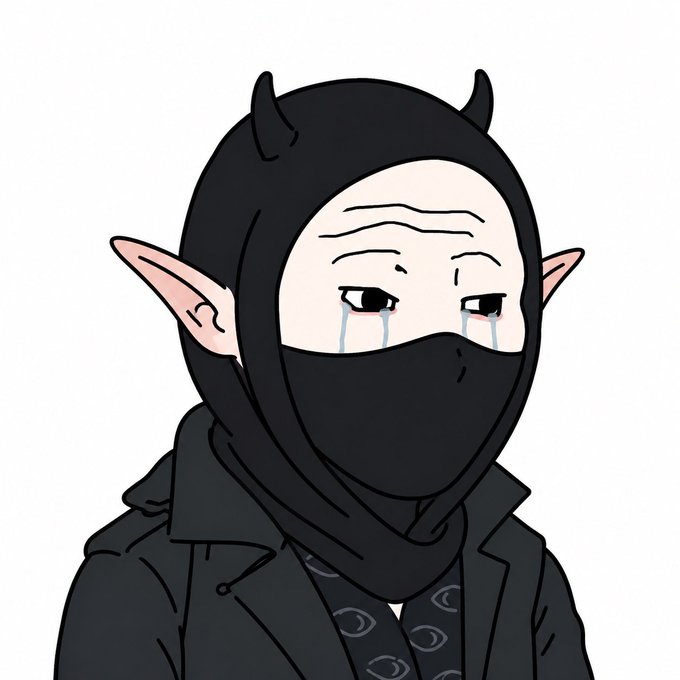 A cartoon illustration of an elf-like character with pointed ears, small horns, wearing a black hood and face mask, with teary eyes, dressed in a dark jacket with crescent moon patterns.
