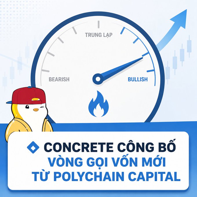 A red-haired character in a black vinyl dress kneels on a tiled floor amid candles, books, and desserts, with Vietnamese text reading "CONCRETE CÔNG BỐ VÒNG GỌI VỐN MỚI TỪ POLYCHAIN CAPITAL" (Concrete announces new funding round from Polychain Capital), visually echoing the post's news about Concrete's Polychain Capital-led raise to build DeFi yield infrastructure.